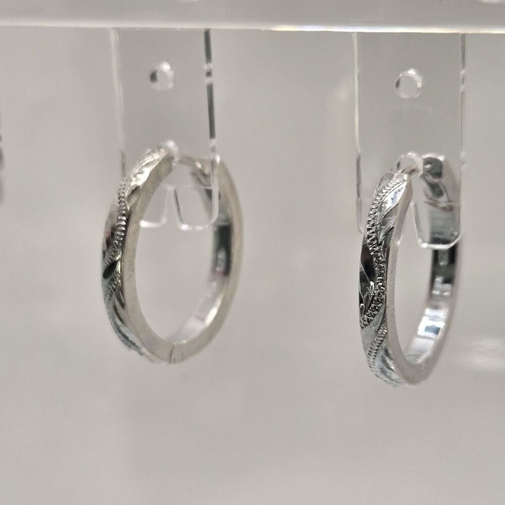 Feminine Dainty Silver Hawaiian Engraved Hoop Earrings Sterling 925 Jewelry Cute